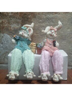 Vintage Pair of K's Collection Resin White Rabbit Shelf Sitter Figurines